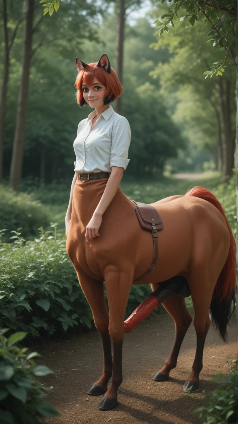 1girl, (27 years old), short woman, centaur, standing, eyes closed, mouth open,  curly red hair, eye level shot,  tank top, <lora:centaurConcept_V1:1>