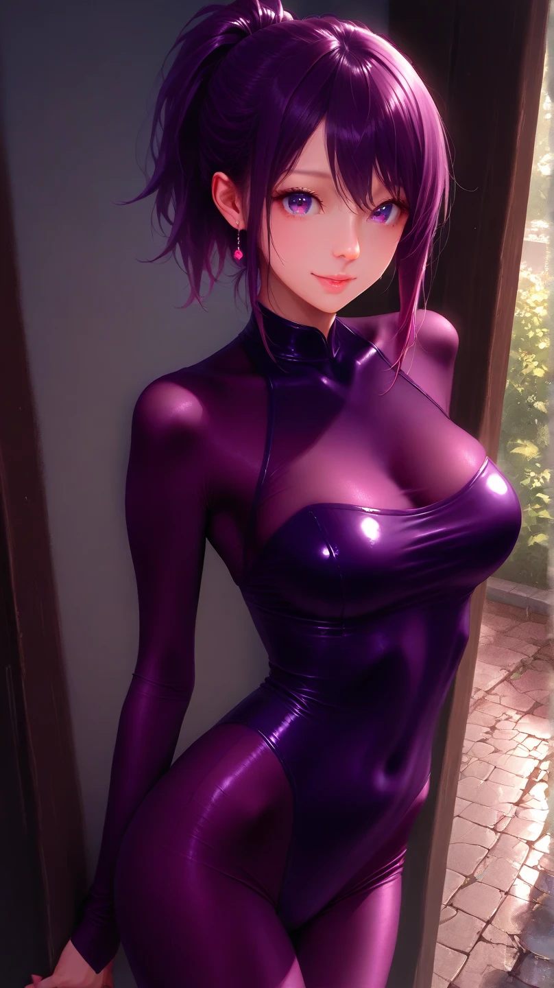 1girl, beautiful young teenager, purple hair, blue eyes, extremely short hair, freckles, framed eyeglasses, heart shaped choker, happy, smiling, blushing, thick lips, full lips, (gigantic breasts 1.5), very thin body, (high leg dress 1.3), high leg outfit, sideless dress, thigh-high leggings, high heels, perfect anatomy, detailed background, (best quality,4k,8k,highres,masterpiece:1.2),ultra-detailed,(realistic,photorealistic,photo-realistic:1.37),vivid colors,studio lighting,extremely detailed eyes and face,longeyelashes