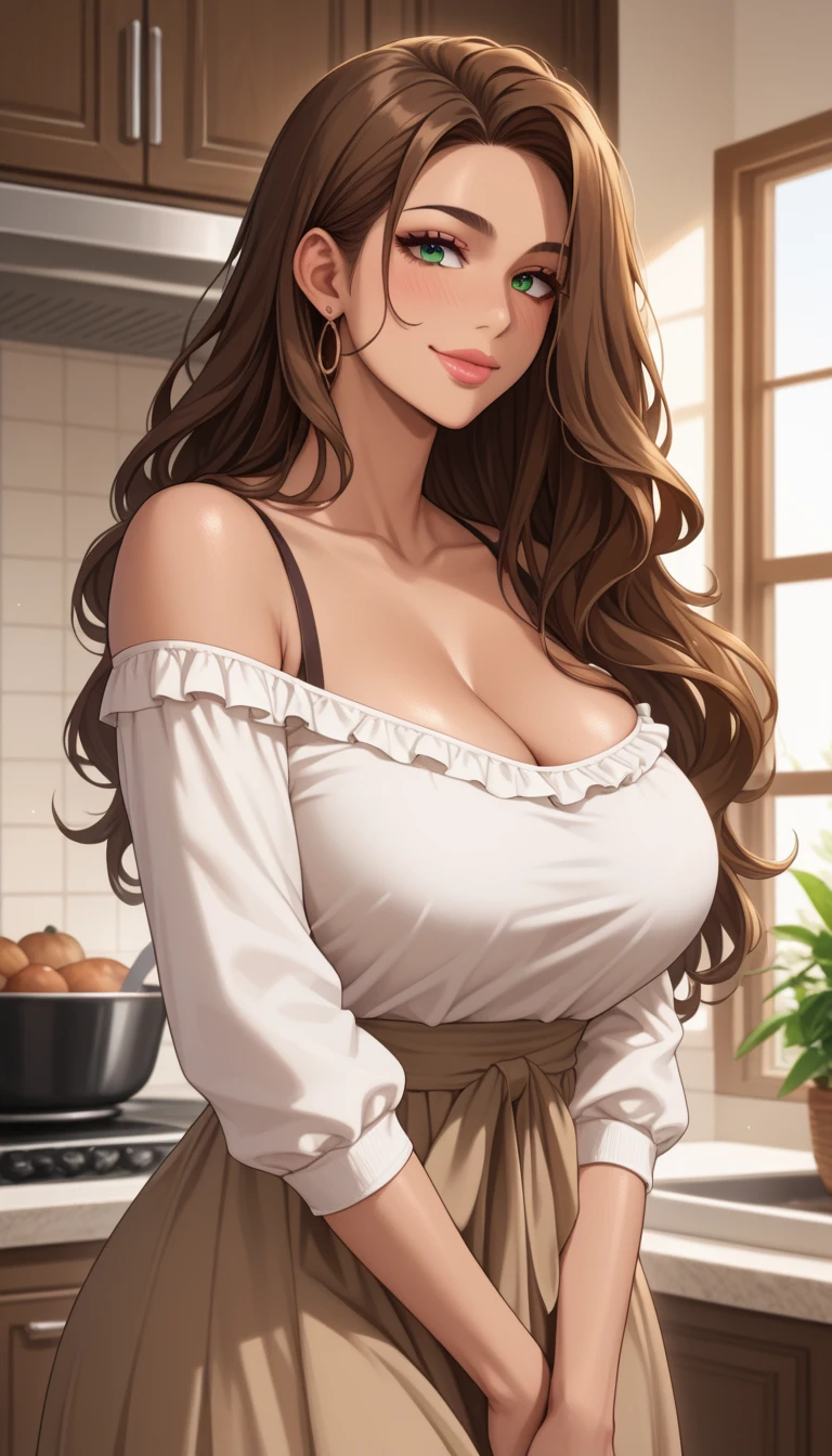 (Browsing Caution), (RAW Photos), (Realistic), (Photorealistic), Ultra-high resolution, masterpiece, Highest quality, Portraiture, facial Portraiture, Perfect lighting, Detailed lighting, Dramatic Shadows, Ray Tracing, 1 Japan Beautiful, 40 years old, Sensual, Cleavage, ((voluptuous body:1.2)), ((Plump figure:1.2)), Beautiful and delicate brown eyes, Fuller lips, Red lips, big tits, big ass, big thick thighs, Abs, muscle, long wavy hair, Brown Hair, Earrings, Mouth half open, smile, View your viewers, Wearing a naked apron, ((Put your arms behind your back)), In the kitchen,