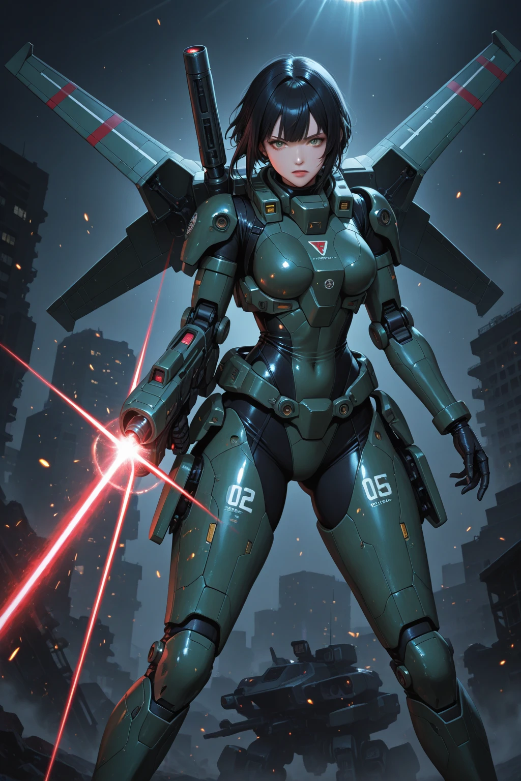 Cyberpunk, Bionics, Combat, Dark City, Weapons: Spear, Action: Stabbing Masterpiece, CG, Wallpaper, Best Quality, Red Eyes, Green Battle Suit, Battle Girl,