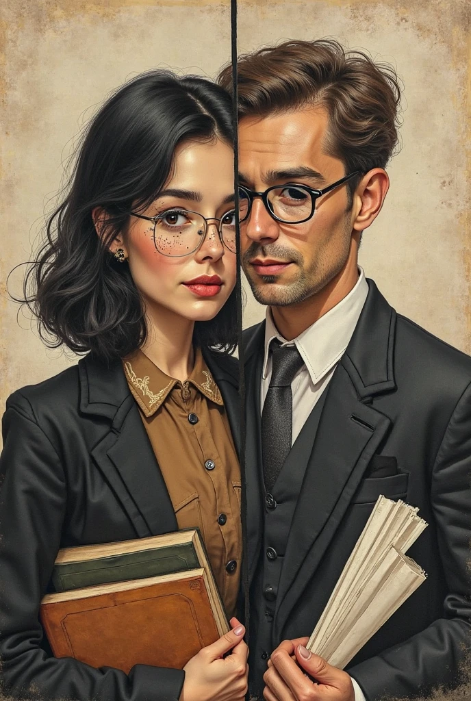 (Style-Grabby:1.2), man and a woman in a library, 2 people hugging each other, 18 year old woman, (petite:1.1), slim body, dark brown curly hair, pale skin, round glasses, full lips, (flat chest:1.2), wearing tight light grey sweater, plaid skirt, BREAK, facing her a 40 year old man, bald good looking with a light brown beard, wearing white shirt, photorealism, sharp focus, award winning
