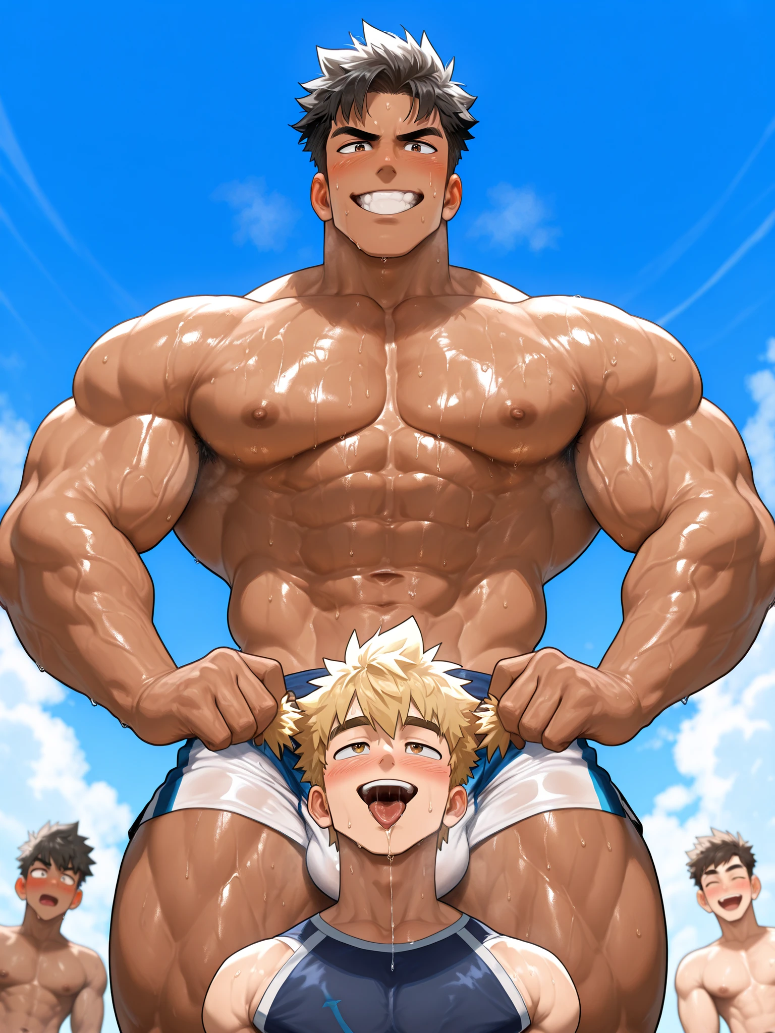 Five extremely muscular men (huge: 2.0), sweaty, Oily skin, sensual expressions , beautiful bulge , wearing thongs (small), muscular thighs , huge butts, pose sexy. The five men are on a men's beach ( detailed scene ), surrounded by impressed people ( admiring glances ).fixportrait, male focus , two men, alone together , composition where the faces of two people can be seen , lower angle , [[low angle,
A young man, Nobles, muscle, The man has short and modern blond hair , , End of the years , handsome young man , pretty face without a beard , no, placing the of her man in the mouth , Push the big pau into your mouth all the way to the base, making a , oral , , expression of , Excited, At the back of the throat , It's hard to breathe, Sweat a lot, Blush, eyes half-open ,”
“A man looking at the man , makes him , The man has short black hair , wild-looking man , muscular man, , Nobles, tanned skin , smiling face , pick up the hair of a man ,big pau,”
saliva dripping , dripping from my , I feel hot , Sweat, a lot of Sweat,