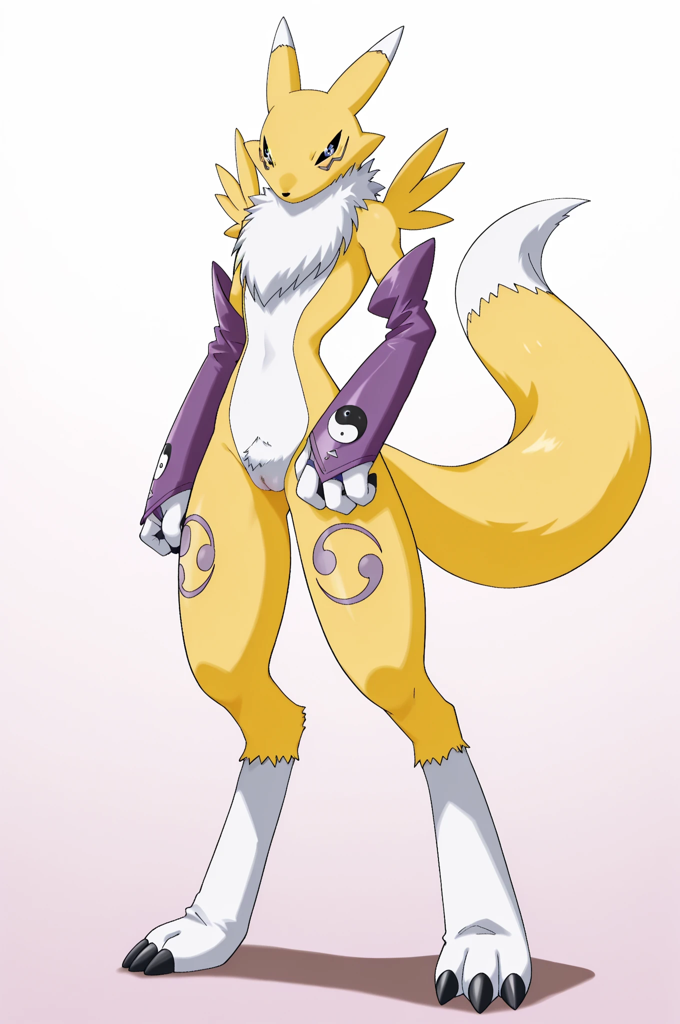 A furry female, alone, voluptuous body, fox female, color yellow, pose in action, pose in combat, sketch digimon, renamon, full body