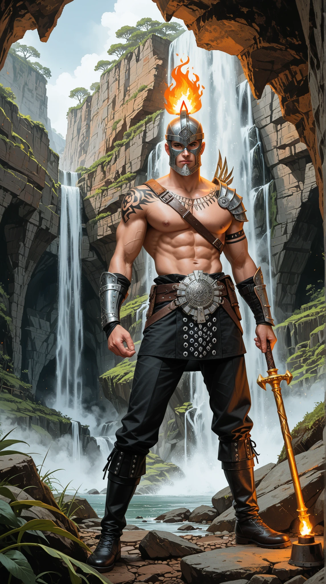 fking_scifi_v2, portrait of a young very handsome viking warrior, standing in a waterfall, cliffs, close up, victory pose and attitude.