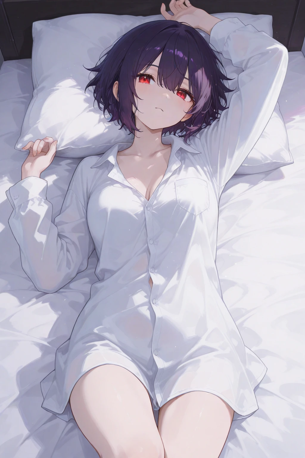 Shinjou Akane,t-shirt,white shirt,lying,on back,head tilt, panties, medium breasts,