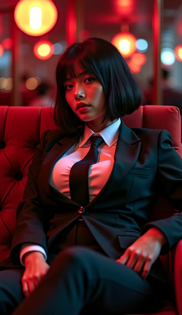 Richly lit cinematic photorealistic portrait, waist-up shot. A stunningly beautiful woman (mid-20s) with striking sharp features, intense, piercing honey-brown eyes, and a notably voluptuous, ample bustline, embodying Vice/Vanessa with confident allure.

Hair: Her chic, textured black short pixie cut frames her face, with some strands artfully falling towards her forehead/eyes.

Scene & Pose: She is seated confidently, leaning slightly forward on a luxurious, ornate dark leather armchair with prominent, decorative gold detailing visible on the armrest/frame beside her. She gazes directly and intensely at the viewer. Her expression is serious, captivating, powerful, and deeply alluring.

Outfit: She wears a vibrant **cherry-red, fitted jacket-style top** made of a smooth material. It features a **prominent front zipper**, which is **partially unzipped down to her sternum, revealing significant, well-defined cleavage**. The jacket has a **thick, stand-up black collar**, possibly faux leather, framing her neck and shoulders.

Lighting & Mood: Sophisticated, focused lighting models her face, collarbones, and cleavage beautifully, creating soft, flattering shadows. The light source seems to be slightly from above and the front. The background (likely the rest of the luxurious room/chair) is softly lit and blurred with a shallow depth of field. The mood is one of **opulence, confident power, contained intensity, and undeniable seduction.**

Quality: Ultra-detailed skin texture, sharp focus primarily on her face and eyes, luxurious feel, cinematic composition, 8K resolution.