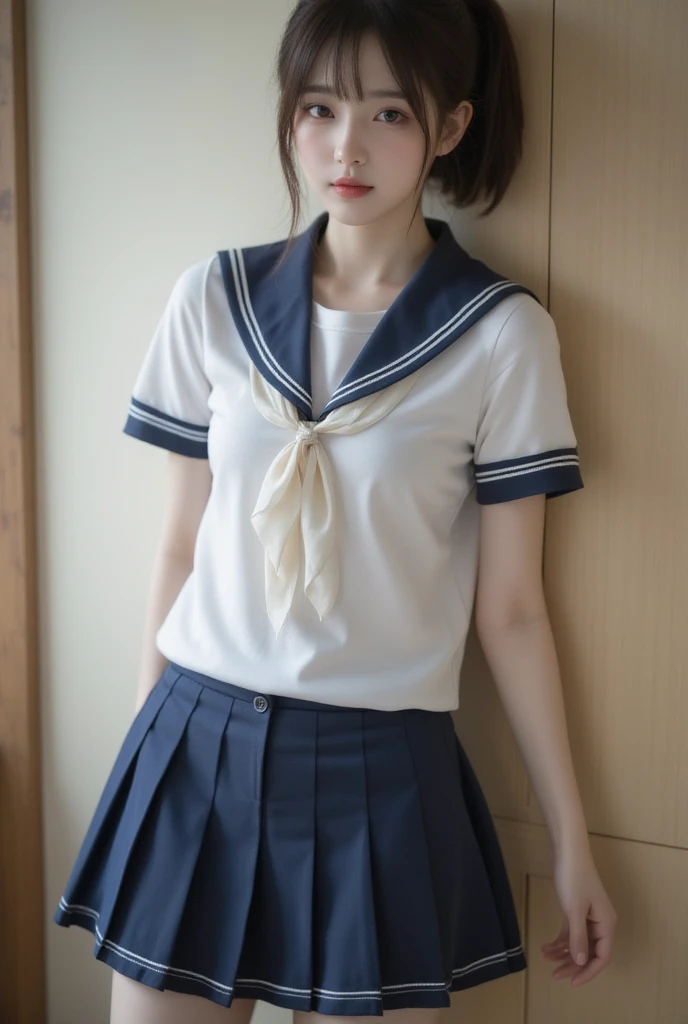 1 solo girl (8k UHD Raw fotography, Top  Quality, Masterpiece:1.45) (Raw foto:1.2), (Photorealcitic) Realistic full body smiling girl in school uniform showing white panties, Functionality of raising the skirt to reveal panties, show white panties, Flip the skirt, Flip the skirt, roll up scar by hand, Showing underwear by the pool