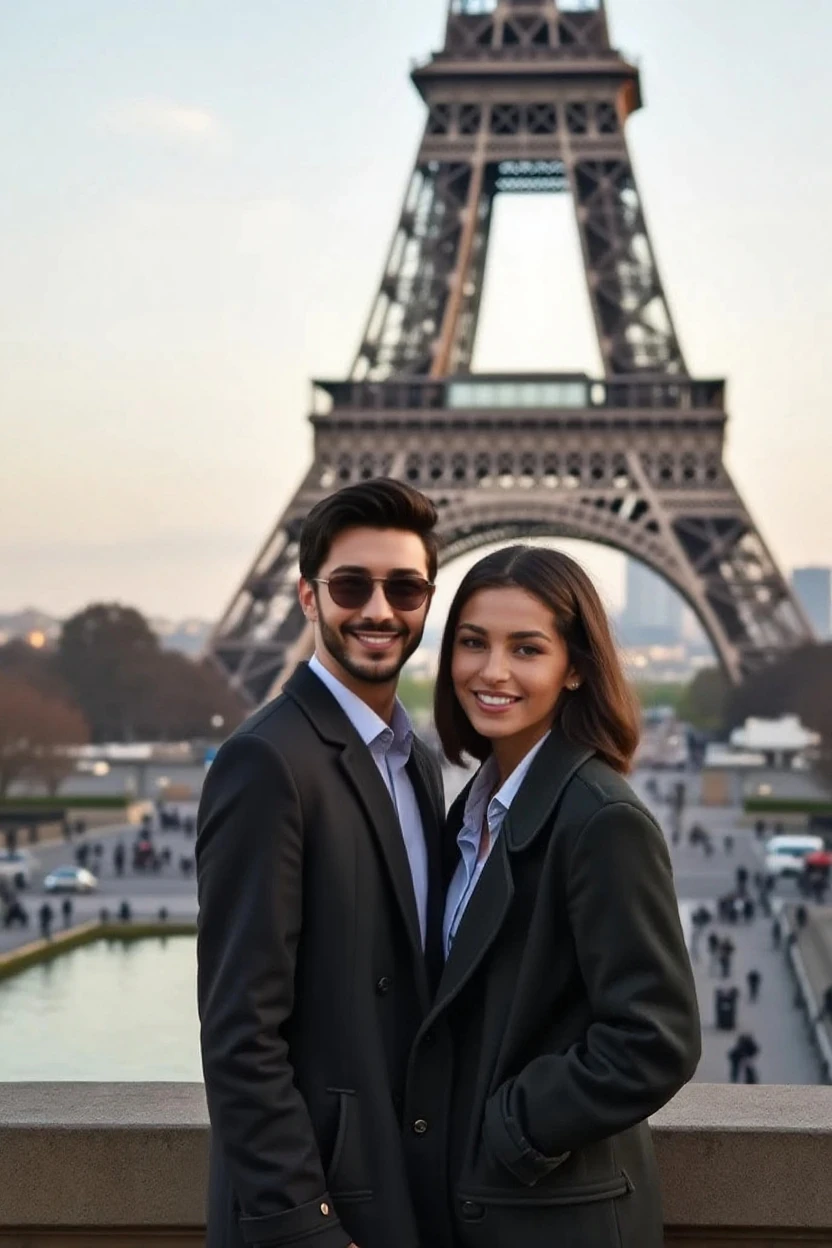 Front view, Full-body, couple is standing pose , on street , in Paris, looking Eiffel Tower, 2020 years ,(1 male and 1 female is existence), (1 male American Black man, 1 boy is 50 age old), ( black hair, wavy perm, brave, handsome face, smile ), (American gentleman), ( blue suit style, Jacket suit , vest, necktie, pants, hand watch, (brown shoes)), 1man and 1 woman is couple, each other love, (A Parisian girl , 18 age, beautiful girl, Parisian girl, 18 years-old, height 175 cm), (light brown hair , blew eye, middle hair, smile ), (middle breasts, slender whist, middle hip), (White beautiful tuck-in-blouse :1.3), (Red mini skirt: 1.3), (Red enamel Chanel Boots), (small pearl neckless, lady's watch ), (a Chanel shoulder bag, leaser string), (super detail, high details, high quality, accurate, anatomically correct, textured skin, beautiful fingers super detail, high details, high quality, best quality),