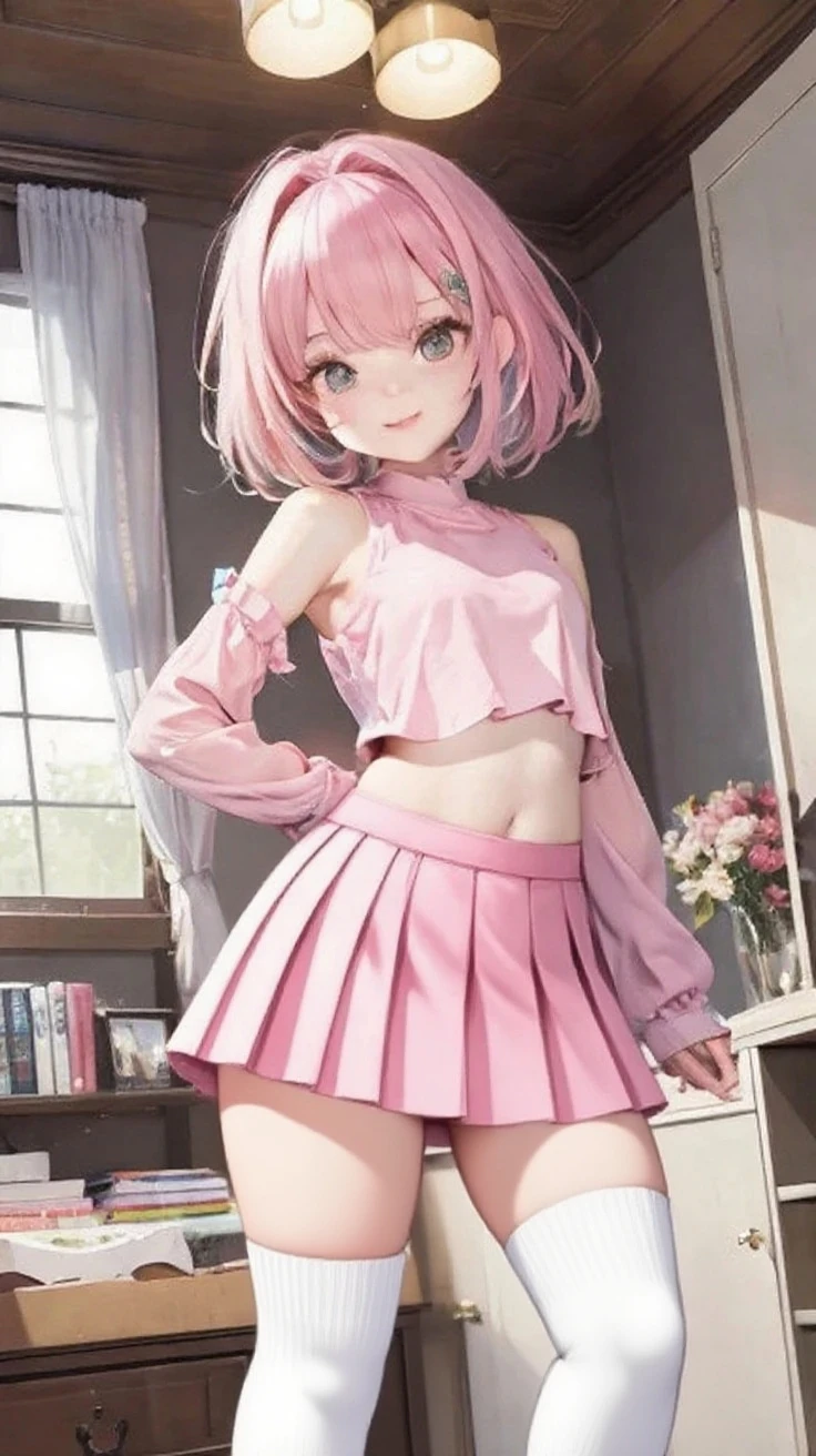 Solo, 1Girl, Emo-Femboy Appearance, Short Black Messy and Unruly Hair, Lots of Cowlicks in Hair, Messy Fringe Hairstyle, Eyebags, Soft Droopy Eyes, Very Small Perky Breasts, Narrow Waist, Wide Hips, Large Shapely Ass, Thick Squishy Thighs, Pink and White Tank Top, Pink Skirt, Pink Striped Panties, Striped Pink and White Thighhigh Socks, Pink Garter Belts, Pink Choker on Neck, Standing Up, Looking Down to Viewer, Blushing, Super Pale Skin, Living Room Background