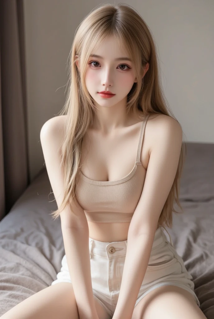 Sexy 18-year-old blonde girl wearing a cropped sweater and panties lying on bed, olhos claros, cabelo sexy curto, curvando-se sobre a bunda mostrando