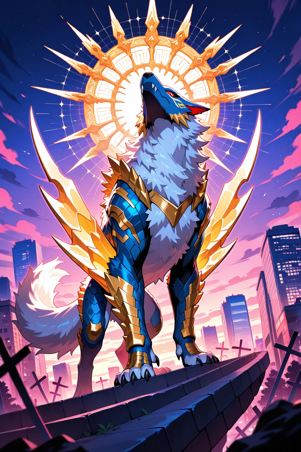 a rainbow colored wolf, rainbow colored cosmic nebula background, stars, galaxies
