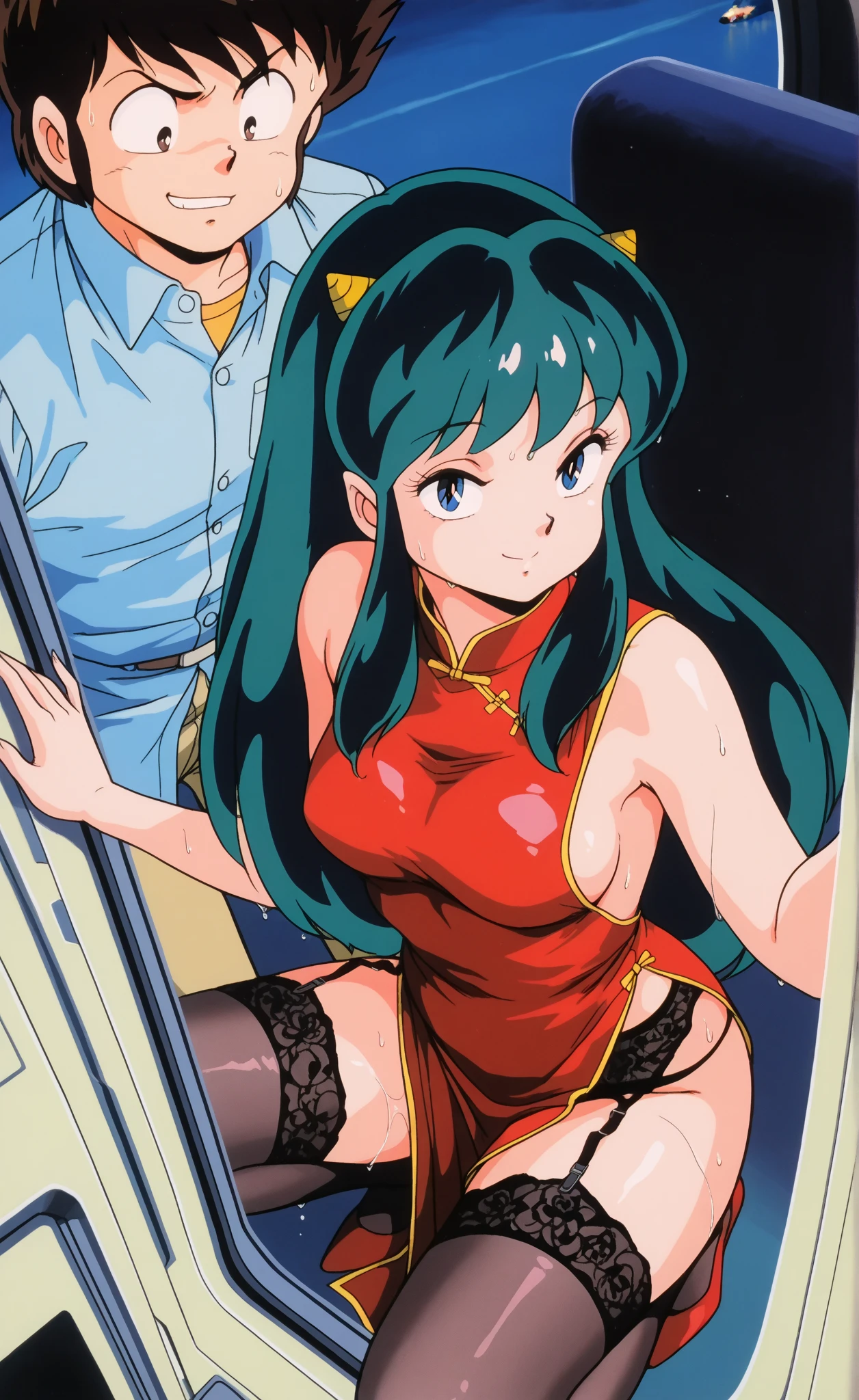 NSFW, masterpiece, (best quality: 1.2), long hair, blue eyes, green hair, worns, big breasts, evil_smile, sexy, ((NURSE)), red lipstick, fishnet stocking, cum shot, showing breasts, ((seducing a boy: 1.5))