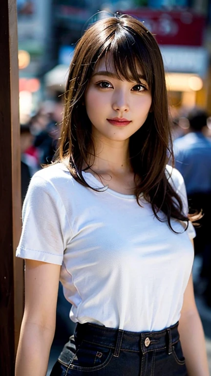(masterpiece, best quality:1.4), (8k, raw photo, photo realistic:1.2), shiny skin, detailed skin, detailed face, detailed eyes, Japanese idol, beautiful face, 1 woman, big breasts, cleavage, on the street, wearing T-shirt