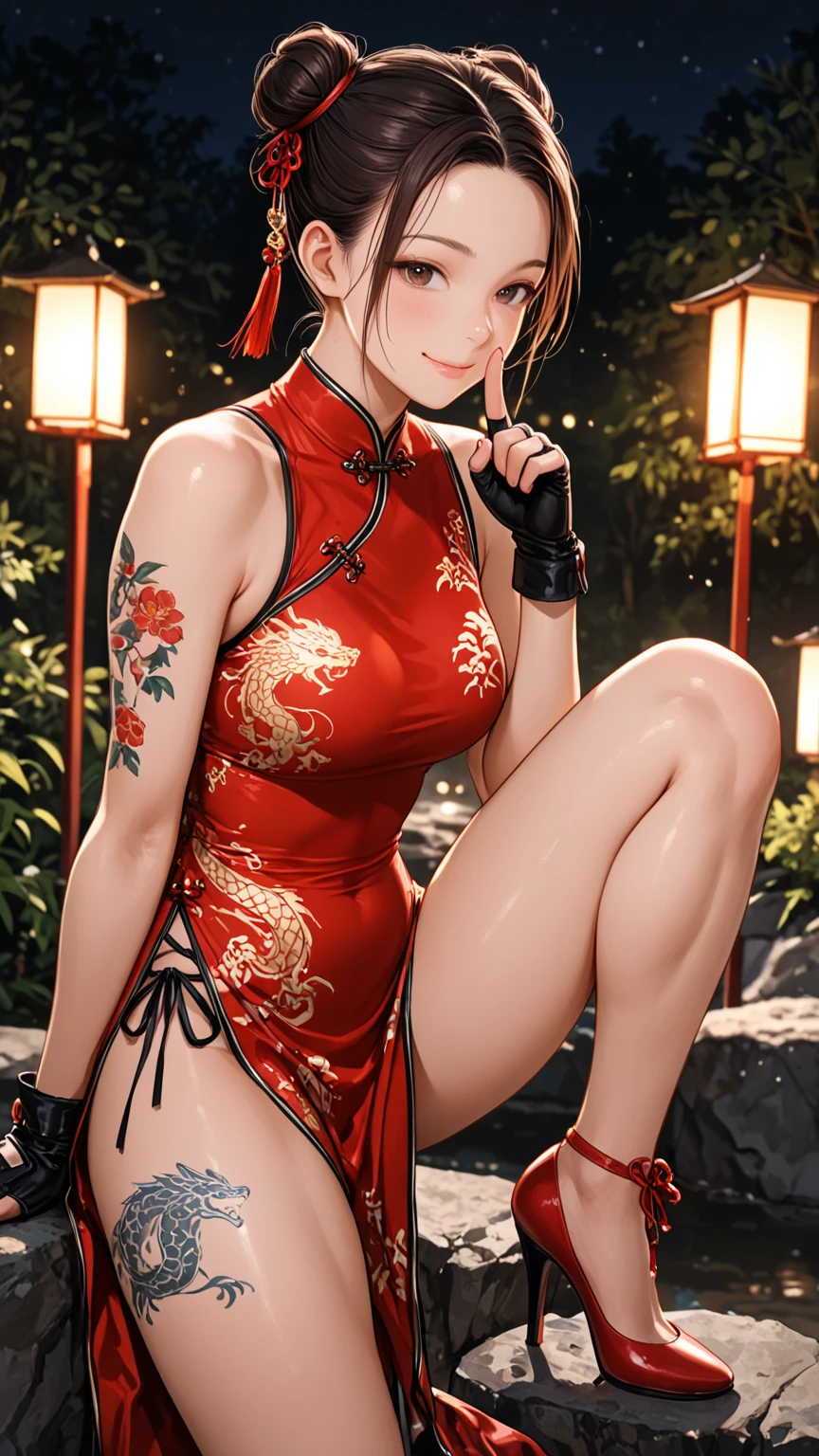 best quality,masterpiece,1girl,solo,(((NSFW))),(((9years old))),japanese girl,an extremely cute and beautiful girl,highly detailed beautiful face and eyes,petit,cute face,lovely face,baby face,shy smile,show teeth,black hair,medium hair bun hair,Hairless pussy,flat chest,skinny,slender,(((wearing a wet thin red floral mini cheongsam))),(((standing in a Chinese garden))),she is looking at the viewer,hands pull off clothes,(undress:1.1),(no panties:1.1),(legs spread wide:1.1),(no bra:1.1)