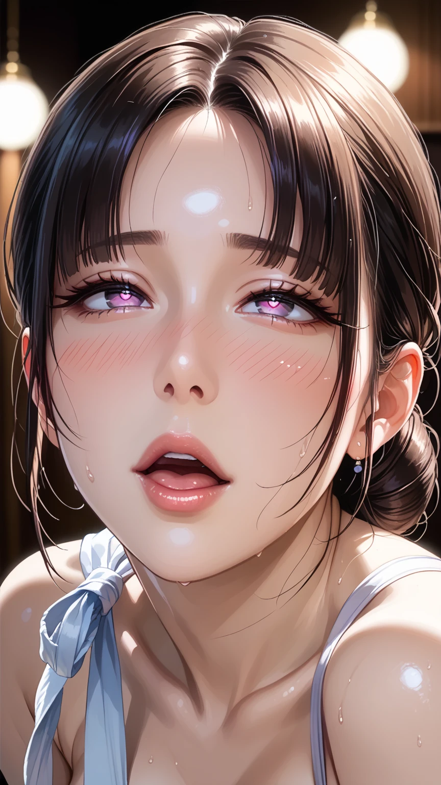 (pfotorealistic:1.4)、sthe highest qualit、an extremely delicate and beautiful、Highres、 (((gigantic bosom))), cleavage,beautiful  lighting、、((((Dark background with nothing))))、1girl、tifa_lockhart、upperbody、AHEGAO、lower milk、Shoulder、navel baring、(White shirt:1.5)、dark short hair、slong hair、Elbow Gloves、beautiful detailed red eyes、Facial light、from the side、(profile、crose up:1.5)、、(Leaning forward in the anime-style and realistic adult darkness）、(Arms tied behind your back)、(Mount Position)、(upperbody)、(scream out、Terror、lamentation:1.4)、(Kiss the camera)、(disgusting、Open your mouth to the limit、:1.5)、(Massive tears、teardrops)、(Looking up)、(Staring overhead)、Wet eye makeup、perfect faces、(Ultra-detailed eyesnose-mouth-tongue)、(Ask for forgiveness)、((A large amount of white translucent sticky liquid is sprayed on it.、skin wet))、Heavy drool
