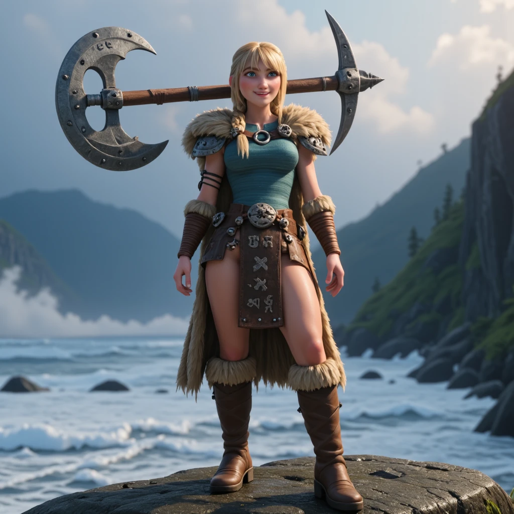 httad-astrid,((masterpiece)), ((ultra-detailed:1.5)), ((RAW image)), hyper-realistic, 8K HDR fantasy cinematic masterpiece portrait of Astrid Hofferson reimagined as a divine Norse shieldmaiden seductress, standing atop a misty cliff overlooking the fjords of Berk, battle axe slung over her shoulder, long golden-blonde braided hair wild in the wind, piercing icy blue eyes, full lips curled in a fierce seductive smirk, her muscular yet voluptuous Viking frame on full display: large perky bare breasts glistening with cold dew, nipples firm from the Arctic air, toned abs, narrow waist, wide curvy hips, large bubble buttocks exposed beneath a torn fur-and-leather battle skirt, thick powerful thighs wrapped in rune-woven warbands, heavy boots on muddy rock, Viking runes glowing softly around her body, cinematic fog, soft northern sunlight, divine frost warrior aura, detailed fur, leather, and steel textures, fantasy realism, ((How to Train Your Dragon)), ((Viking Warrior Goddess))