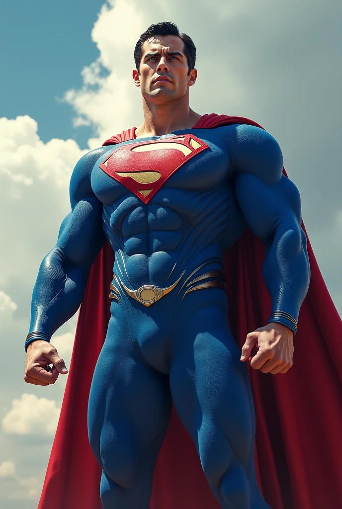 1 man full body fully shaven black hair blue eyes huge muscular 24 big thick penis large testicles greeting the viewer superman costume  age 45 morning