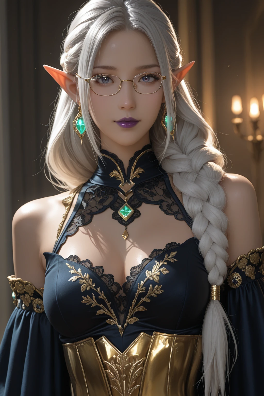 RAW, professional photograph, medium shot, photorealistic, hyper-realistic, ray tracing, super detail, UHD, 8k, female elf, twenty years old, goddess, gold jewelry, athletic body, soft facial features, braided hair, long hair, light blue hair, blue eyes, gothic style, dark dungeon, gothic architecture
