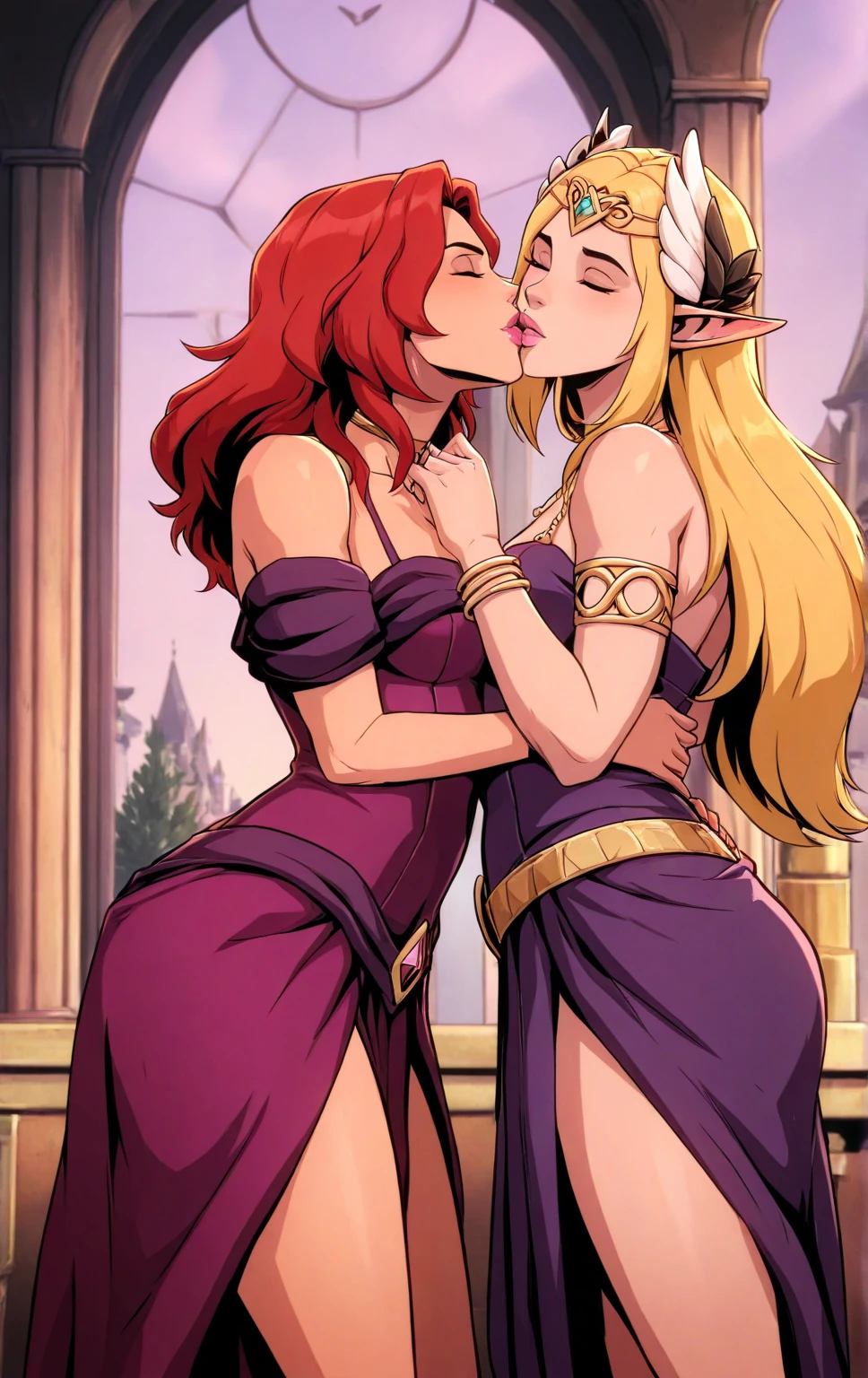 score_9, score_8_up, score_7_up, shaded BREAK 1futanari and 1girl, futanari Riju having sex with Zelda, blonde hair, green eyes, tan, long hair, hair ornament, outdoors, sunset, balcony, v-shaped eyebrows, smug, looking at viewer, black sundress, futanari, penis, precum, bulge, arm and hand reaching for penis, hand grabbing penis, hand stroking penis, leaning forward, large breasts, huge breasts, round full breasts, super thin waist, heart shaped hips, kissing, penetration, sexual intercourse,