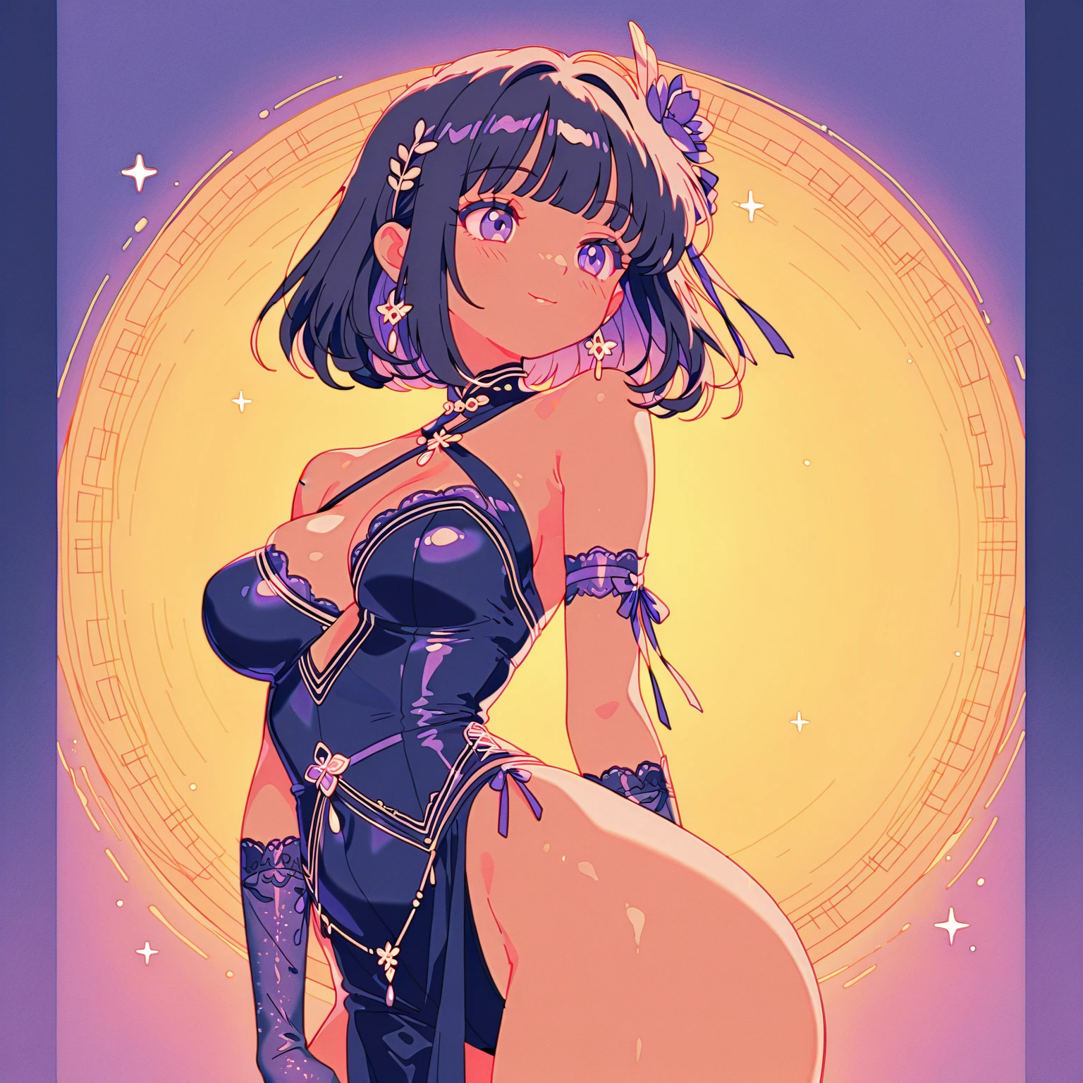 1girl, solo, (masterpiece, best quality, vivid colors, absurdres, intricate details:1.3), (backview:1.2), mature, (nude),
looking over shoulder,  dark skin, ((short_hair)), (string_tanga:1.5), sideboob, round butt, (full_lips:1.3),
(jungle:1.3), (glowing mushrooms, mystical, psytrance), (dark_night:1.2), (fractal art:1.2),

 <lora:abstractDisco_abstractDiscoDiffusion:0.5>