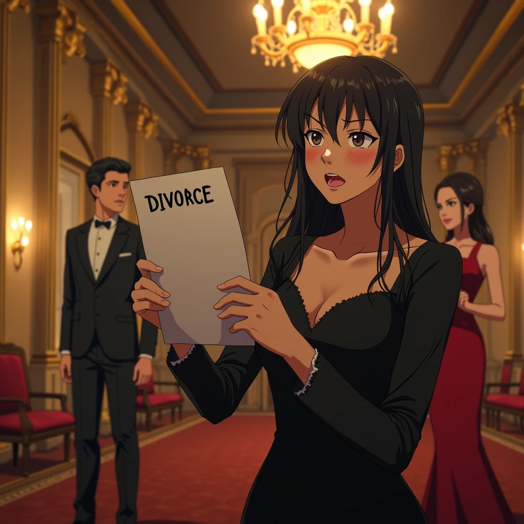 ((Highest quality)), ((masterpiece)), (detailed), (Perfect Face)、The woman is Reika Aoki, the wife of a mafia boss, with medium-long black hair and an engagement ring.、The woman is wearing a gorgeous mafia-like party dress at a luxurious party venue and is being escorted by a mafia boss.、The woman is happily being escorted by the mafia boss