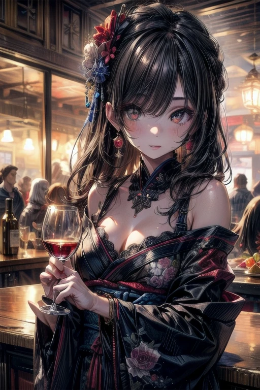 High resolution, high quality, High-resolution model, High detail, Very detailed, goddess, long hair, Adult face, A look of compassion, Dark Eyes, Gradient eyes, Face seen from diagonal front left, Her hair is a black and red gradient, Circlet, Neon-like earrings, Black and red gothic dress, Waist up shot, Holding a wine glass, Neon-like light in the background, In the background, a wine glass extends off the screen., Lots of neon lights in the background, Many sake barrels in the background, Many wine bottles in the background