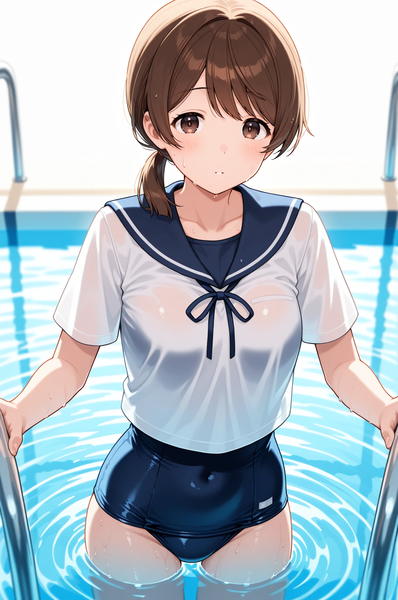 (highest quality:1.5)、ultra high resolution、detailed background、masterpiece、anatomically correct、cute beautiful girl、(detailed beautiful face:1.4)、brown hair、bob cut、(big breasts:1.3)、realistic、perfect body line、Charm、Look at me with a very embarrassed expression、blush、White sailor suit made of see-through material、sailor color、Large home garden swimming pool、cute gesture、femininity、Cute impression、Emphasize health and beauty、the whole body gets wet、My clothes are wet and transparent、my hair is wet too、cute