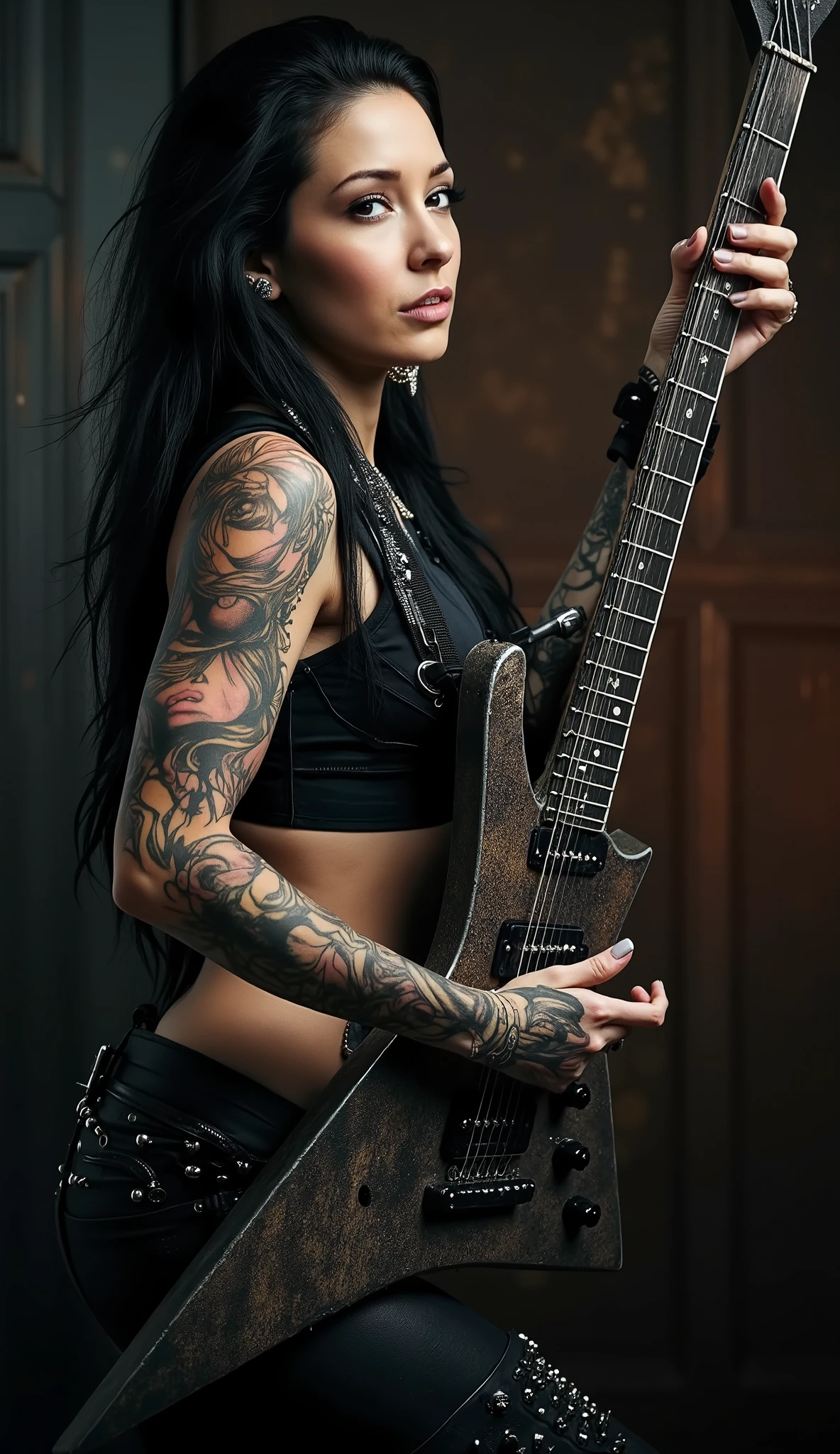 A hot girl, long hair, wearing metalhead clothes , playing guitar. Dark theme.