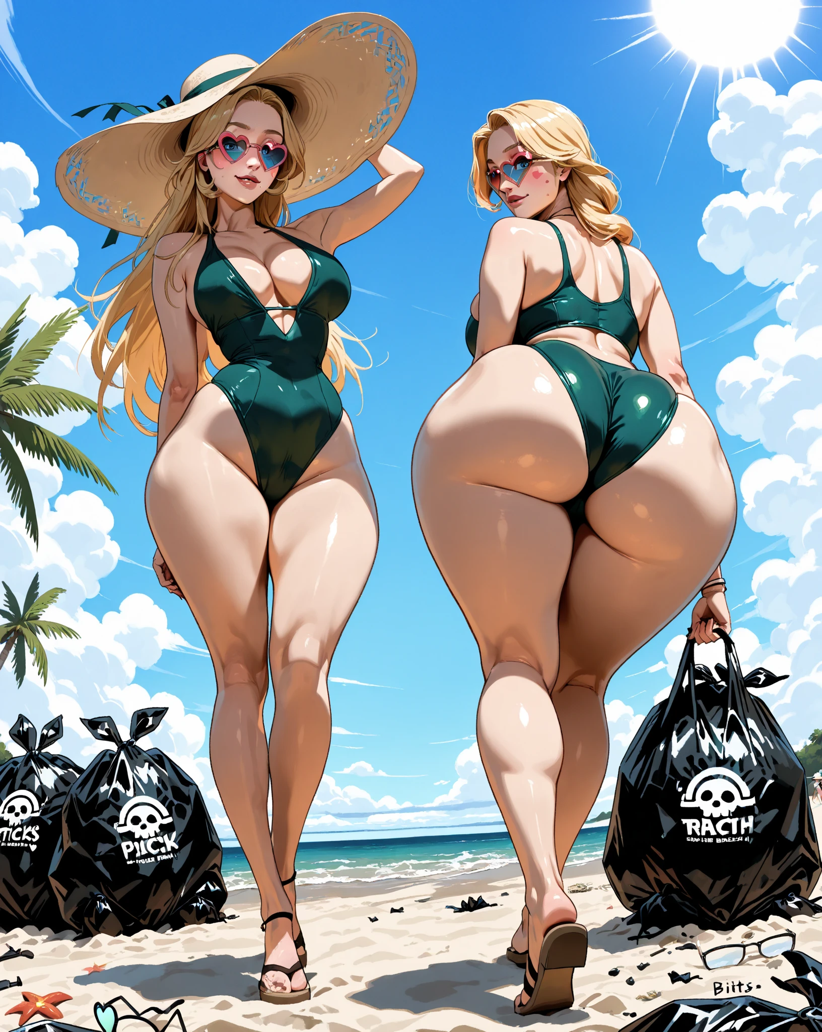 dark-skinned female, bikini., poitrine, gros seins, voluptueux, thick thighs, hanches larges, Sinueuse, gros cul, cul massif, dreadlocks, high resolucion, dress, sexually pose, baseball_cap