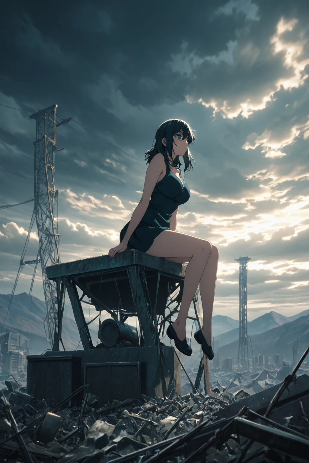 Maid, short hair, Black Hair, highest quality, One girl, smile,, Big Breasts, Mature Woman, mature, Sensual, Golden Eyes, Plump lips, huge breasts、Realistic、Perfect body line、、cute、Beautiful girl taller than a building、aerial photograph、aerial photograph、Sit in the building、smileで楽しく街を破壊する、 (A giant girl bigger than a skyscraper destroys the city of Shibuya:1.5)、cute 寝転がる