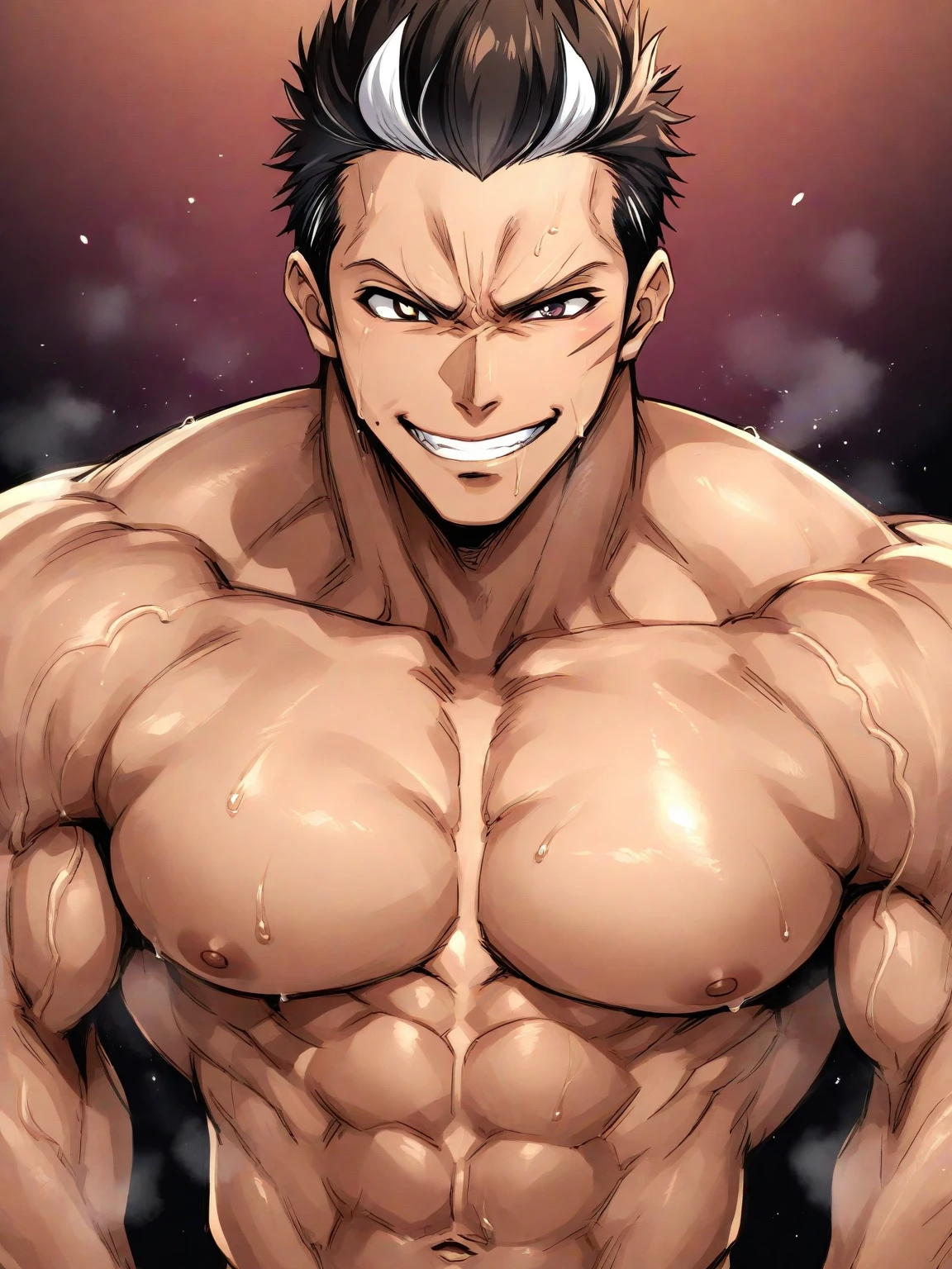 1 man, 35 years old, look at me, good face, muscles, show body muscles, happy face, big chest, show one armpit, a littel fat, shirtless, without clothes