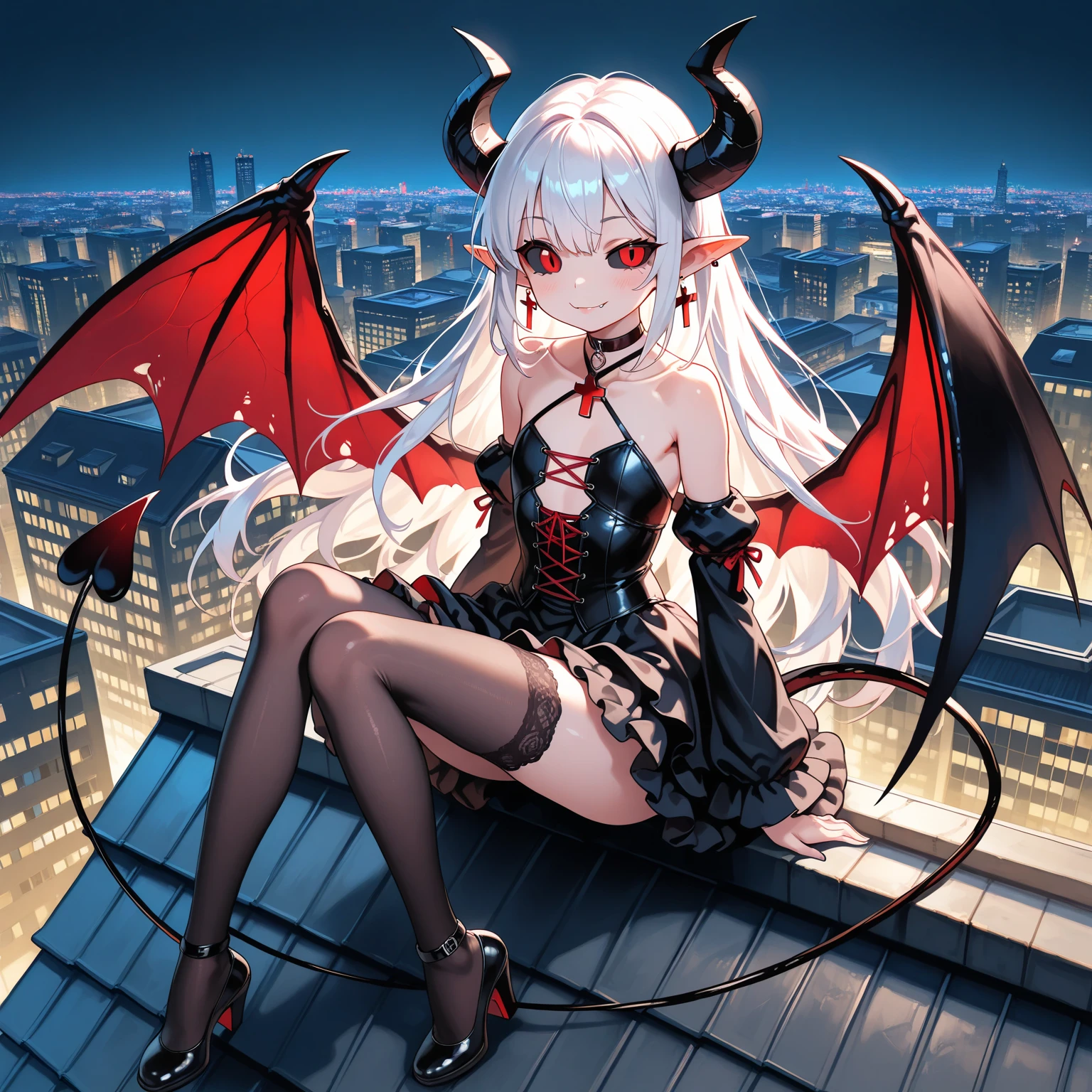 Succubus, red pupils, cute, white hair, curly hair, long hair, sitting on the ground, gothic style, barefoot, demon wings, big white legs, spread legs, expose inner thighs, sunset, city, dusk, panoramic lens (wide angle lens), dark, real, hd, less clothes --auto --s2