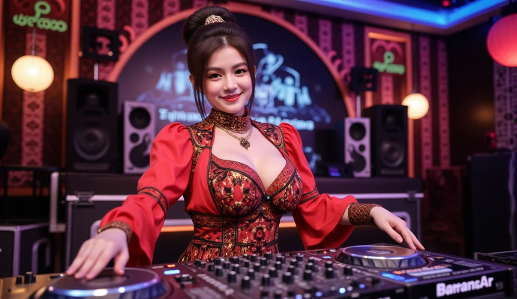 (ultra - detailed, 16K resolution, Cinema lenses, rendering by octane), (high resolution:1.18), intricate detail, (masterpiece:1.1), (highest quality:1.1), (1girl, portrait, white hair, blue eyes, short hair, detailed eyes),Wearing silver DJ headphones, 1 Indonesian girl, modern plain hot deep neck top and dupatta, shy, medium portrait, watery eyes, wearing blue  kebaya, ((big breasts)), black bokeh background, well-proportioned body,, chubby massive thighs, full body pose, Hena art on the body, hena art on arms, full body view , wearing red sneakers , Smile while DJing on stage, full body shot of, The spotlight shines on the female DJ. Photorealistic photography by Disco Lighting, (cute round face:1.3),big breast, bigtit,perfect fingers, five fingers, beautiful hands, perfect hands. master peace, cute smile.