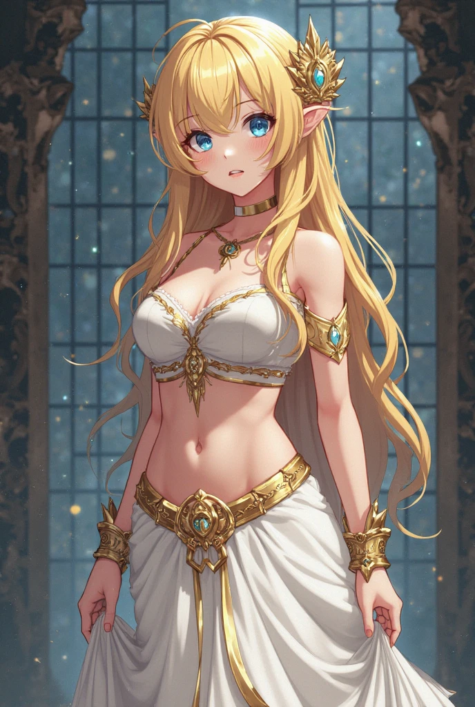 HDR , masterpiece , high quality , ultra details , best quality , standing , princess , long hair , golden hair , nice breast , off shoulder crop top , skirt , soft light , blush
