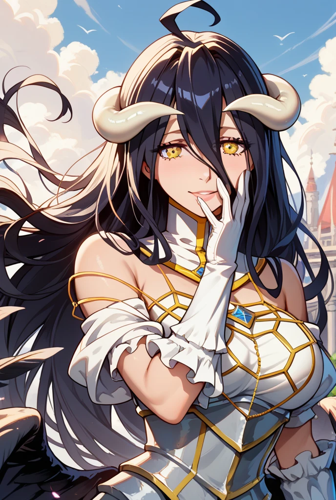 score_9, score_8_up, score_7_up, source_anime, rating_safe, 1girl, mature female, slim figure, Albedo (overlord), hands in own cheeks, (((heart shaped pink pupils))), zPDXL, blush, seductive smile, looking at viewer, white dress, hip vent, indoors, castle, white gloves, 