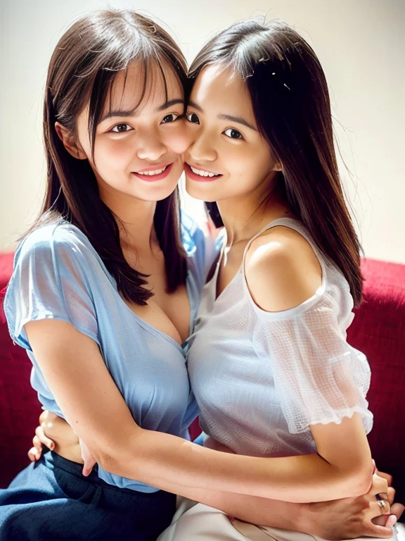 Two Girls , university student, No underwear, Small breasts, (Upper body close-up), naked,smile, Bedroom,