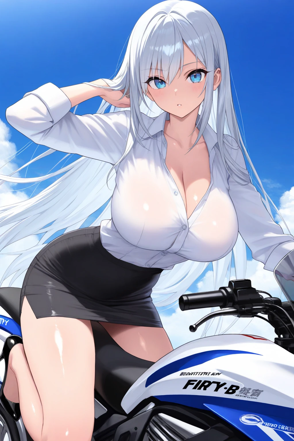 beautiful girl,(Racing girl),Leather jumpsuit,(黑色Leather jumpsuit),Leather Clothes,White long hair,(White hair),(Bangs),Zipper open,(Leather jacket zipped up),((Cleavage)),Open your heart,(Shy expression),Sit on a race car,Blue sky and white clouds,(Big Tits),((Super big breasts)),Leg ring