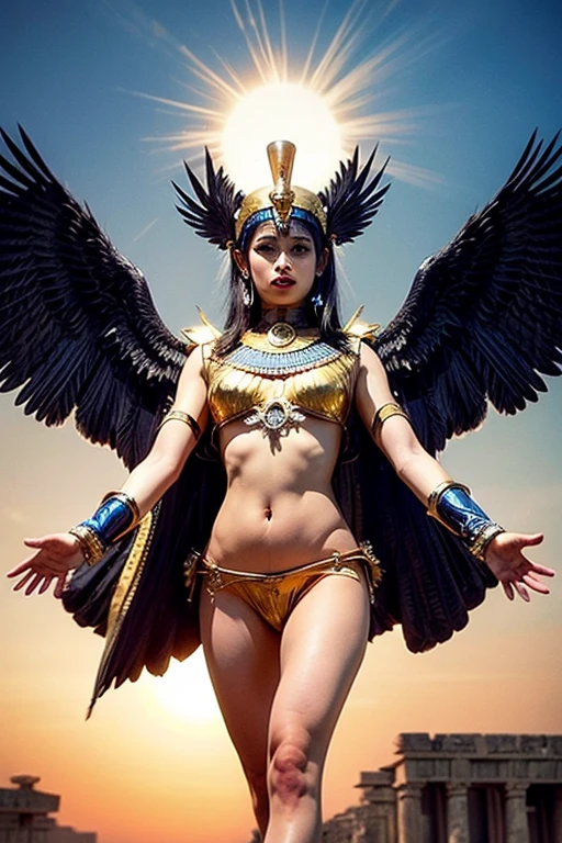realistic image of Goddess Isis with colorful wings on a background with the pyramids of Egypt, bem colorido e realista, com cores quentes, muita luz e o sol