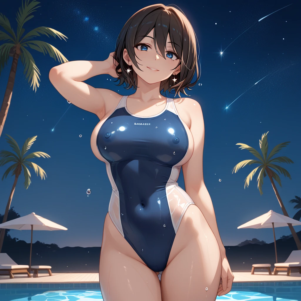A girl with a ponytail standing by the summer poolside, wearing a jet-black bikini resembling a starless night sky, with minimal fabric sharply cut like by a knife, her bust exaggerated as if softballs were stuffed into thin fabric, her skin tight and bursting, whiter than beach sand, hands clasped behind her back, looking down at you from the pool with a confident expression,masterpiece,best quality