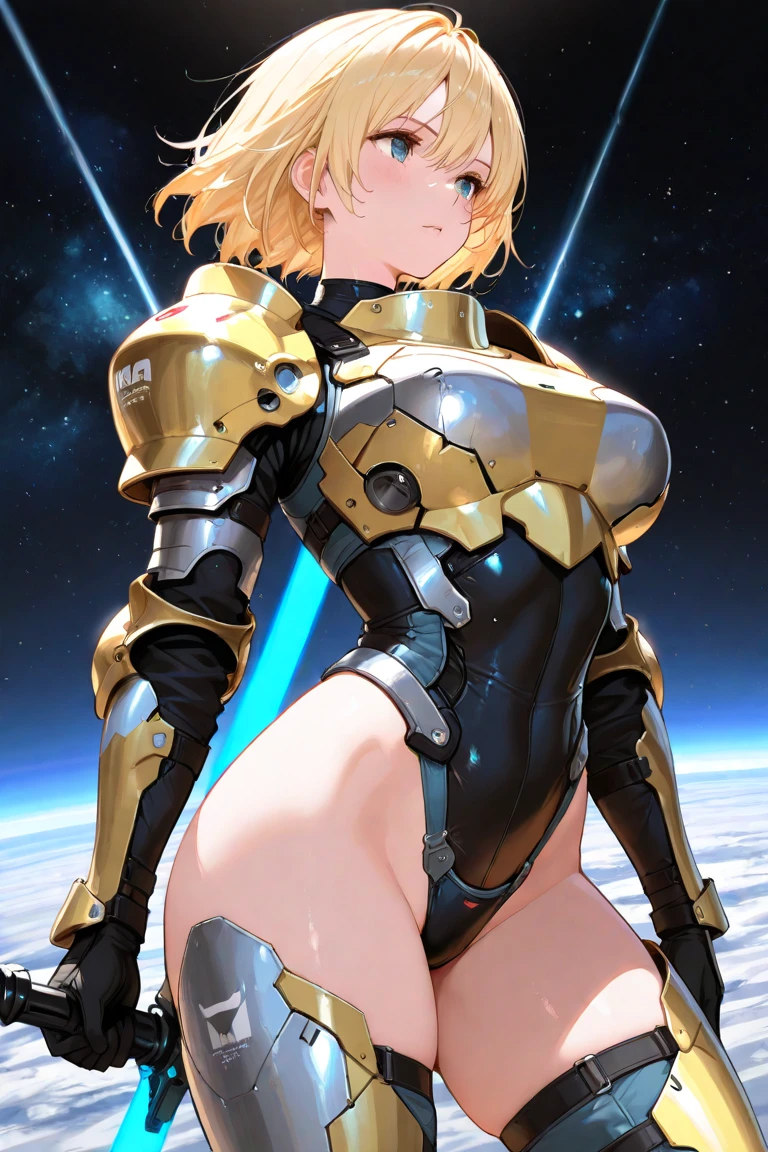 best quality, ultra detailed 8k cg render, masterpiece, high resolution, extremely detailed,
voluptuous beauty mecha girl,
super breasts,
, blonde hair, RED eyes,
gold White mix color mecha armor,
RED hair bund,
universe,outer space,
Venus planet,
bubble image,
persona face,