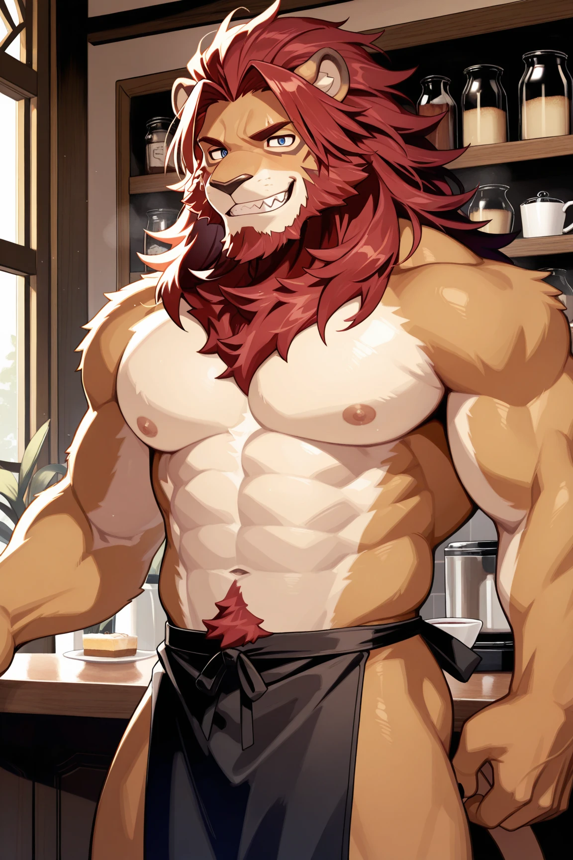 simba, a furry lion, furry, shirtless, muscular, male, masculine, red hair, yellowish fur, brown eyes, hands up behind head, red hairy armpits, cartoony, illustration, sharp focus, smooth colors, medium length hair, two blogs haircut, young guy, topless, big pecs, alone, single, smooth lining, youth, sharp cuspid, teeth, bright opened smile, red and black checkered boxers, underwear, kitchen