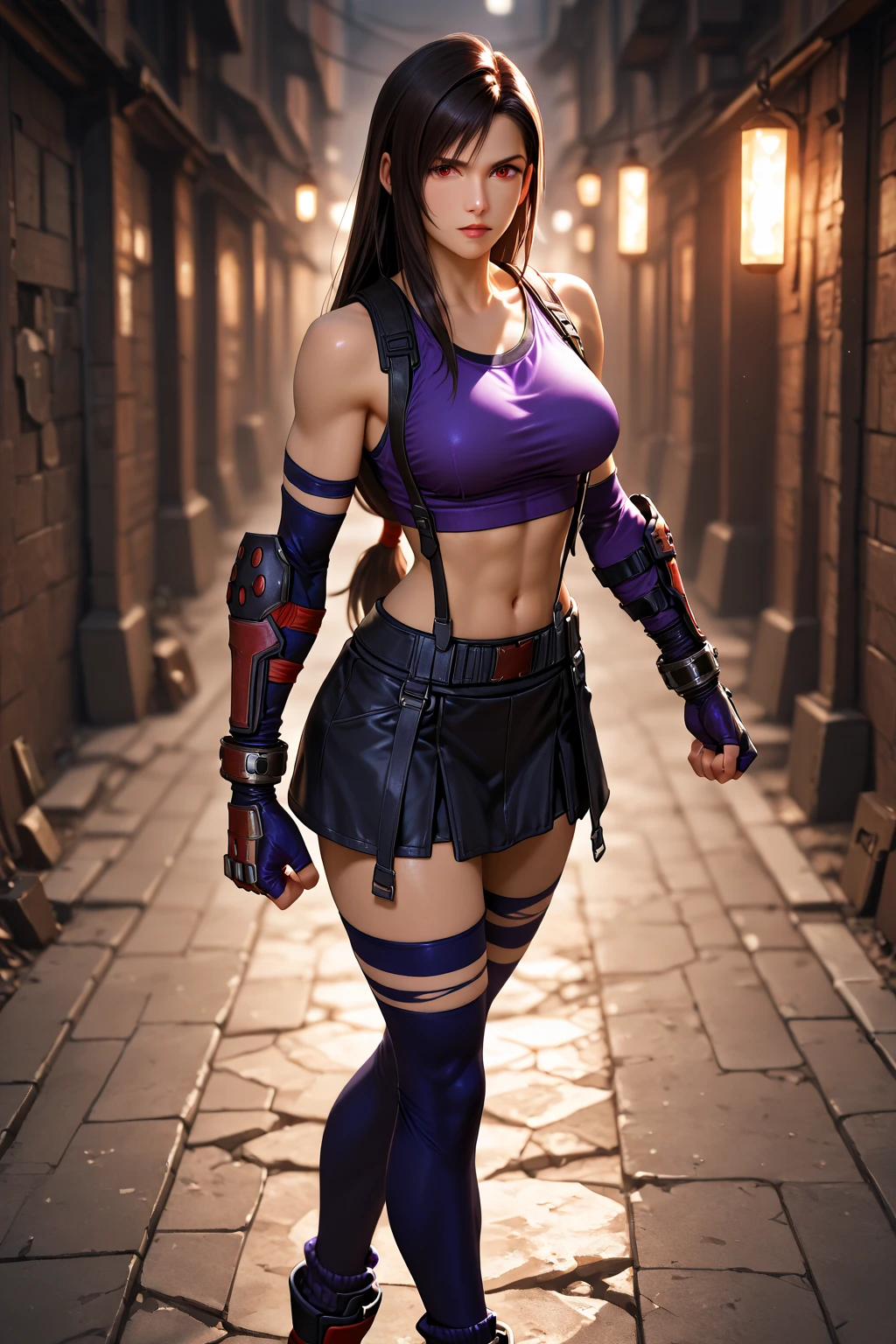tifa lockhart, (best qualityer,ultra detali,realisitic:1.37),beautifull detailed face,perfect symmetry,perfectly shaped body,perfect make-up,bright coloured,studio lighting