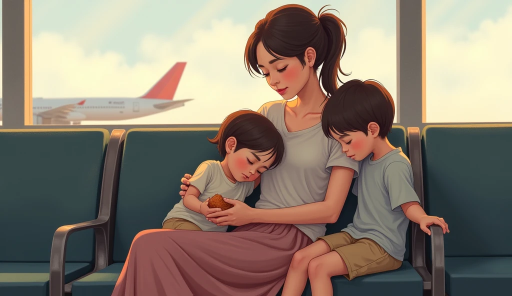 A woman sitting with her small children and luggage beside her