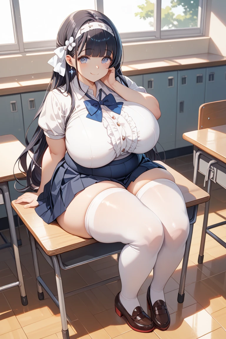 (huge breasts:1.4) (masterpiece) (high quality) (best quality) (1girl), (solo), narrow waist, (looking at viewer), skirt, thigh highs, ponytail, black hair, tight white shirt, classroom, sitting on a chair, dark blue tie, school
