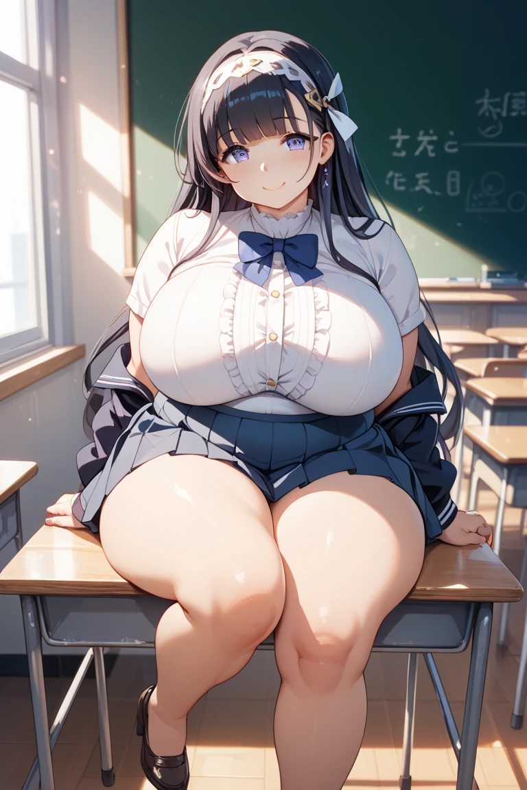 (top-quality、in 8K、32K、masterpiece、nffsw、超A high resolution、Impresionismo、huge breasts, Photorealsitic:1.2)、Angle from above、High angle、Colossal tits、cowboy shot, detailed faces and eyes、 Inside the classroom、Schools、Evening glow、beauitful face、blurry backround、16-year-old beautiful girl、shinny skin、long、Beautiful black hair、Blunt bangs、Invincible smile、Gray eyes、a sailor suit、Pleated miniskirt、Curve、Stand on one knee、Opening legs、(seduction)、((scornful look))、chubbily、((plump body))、((plump face))、((plump body))、((plump face))、((plump body))、((plump face))、((plump body))、((plump face))、((growing thighs))、((growing boobs))、((growing thighs))、((growing boobs))、((growing thighs))、((growing boobs))、((growing thighs))、((growing boobs))、((growing thighs))、((growing boobs))、((growing thighs))、((growing boobs))、((growing thighs))、((growing boobs))、((growing thighs))、((growing boobs))、((showing panties))