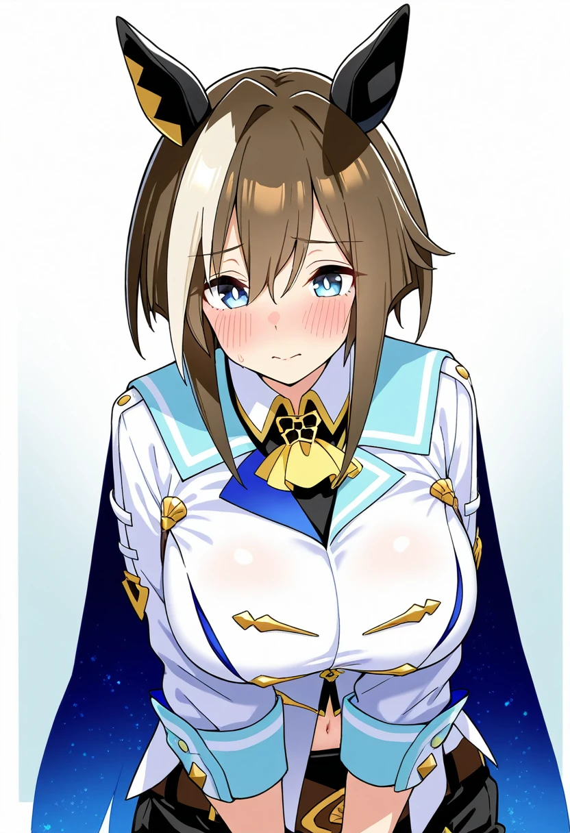 hiquality、16 K、Ultra-detailed , Best Shadow , schematic、((Huge breasts)), ((Forehead)), Parted bangs hair, srestrained, blush,Short hair, Brown eyes,Brown hair,adult woman,Sweat,white glove,OL 、highleg leotard,((White and light blue leotard))、((((Surprised)))、((((((:o)))))、Wavy mouth、(cleavage_cutout)、(((((nipples are protruding)))))、(((((Clothes that can be taken off)))))、white knee-socks、white hair ornament、Blue brooch、((Electronic space))、(dynamic pose angle)、