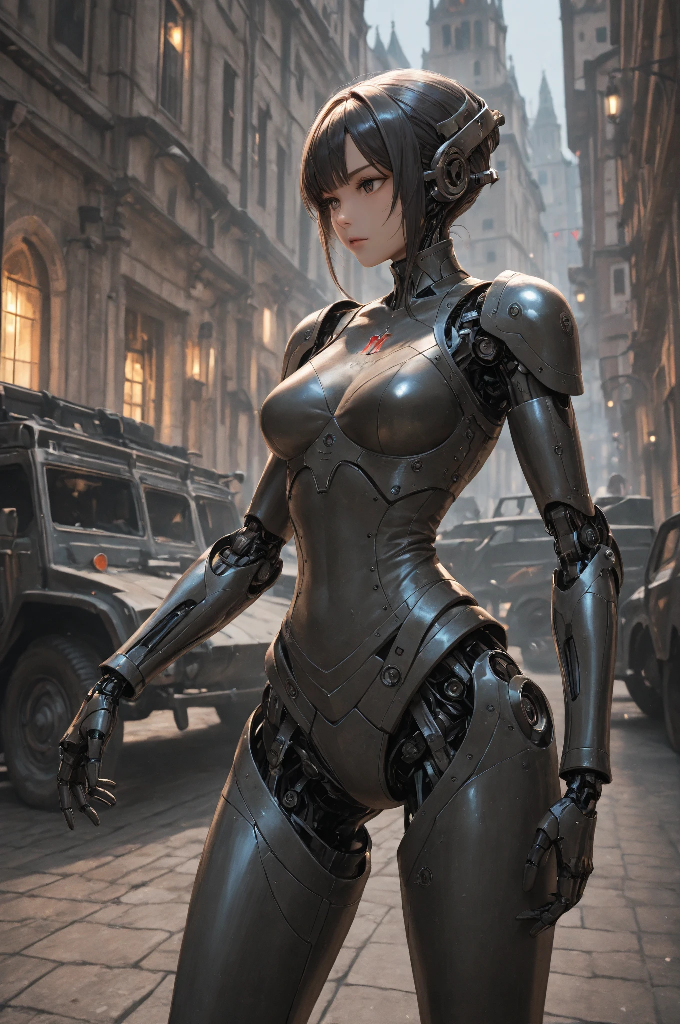 "Complete art masterpiece, high quality, ultra detailed in 4k, 8k, high resolution, hyper-realistic photo, hyper-detailed, realistic skin texture, amazing shadows, extremely detailed texture, perfect lighting, high-level image quality." A female heroine, (Fair skin, brown hair, chinese, outlined eyes, outlined face, gloves, thin body), wearing a one-piece leather tattered armor, dystopian wastland nuclear Fallout Future, jumping from a building