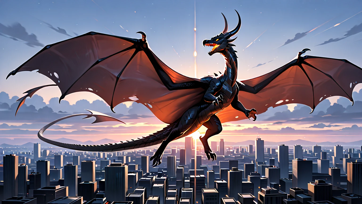 1 mecha dragon,armored dragon,glowing red eyes,black dragon,on the Tokyo Skytree,black fire blessing,