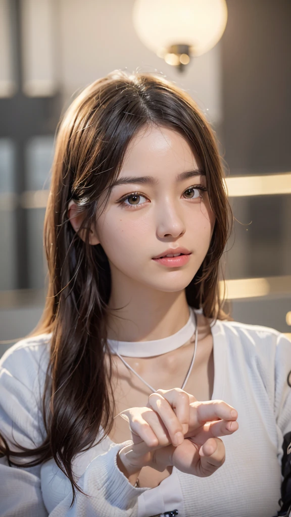 A beautiful 20-year-old woman with long brown hair and brown eyes. She has brown eyeshadow, a light pink blush on her cheeks, and a beauty mark under her left eye. She is standing in heavy rain, with her face and hair drenched. She is wearing a white blouse, a necklace, and earrings with piercings on her earlobes. The blouse is soaked, becoming translucent and clinging to her skin. The rain creates a cinematic glow with detailed raindrops and a dim, rainy atmosphere.