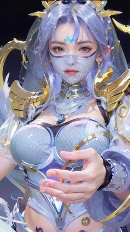 white hair、long fluttering hair、strong breeze、a purple eye、Luminous Eyes、Thick tentacles clinging to the body、White Latex Suit、Mollusk girl、Colossal tits、The face and chest are alive、Cleavage is visible。photoRealstic、portfolio、Biotech Cyborg、Gothloli details、tentaculata、Detailed biocomponents、Bundle of thin tubes、sea anemones、Nudibranch、Luminous tube、Detailed neon、Fine LED、Golden fine parts